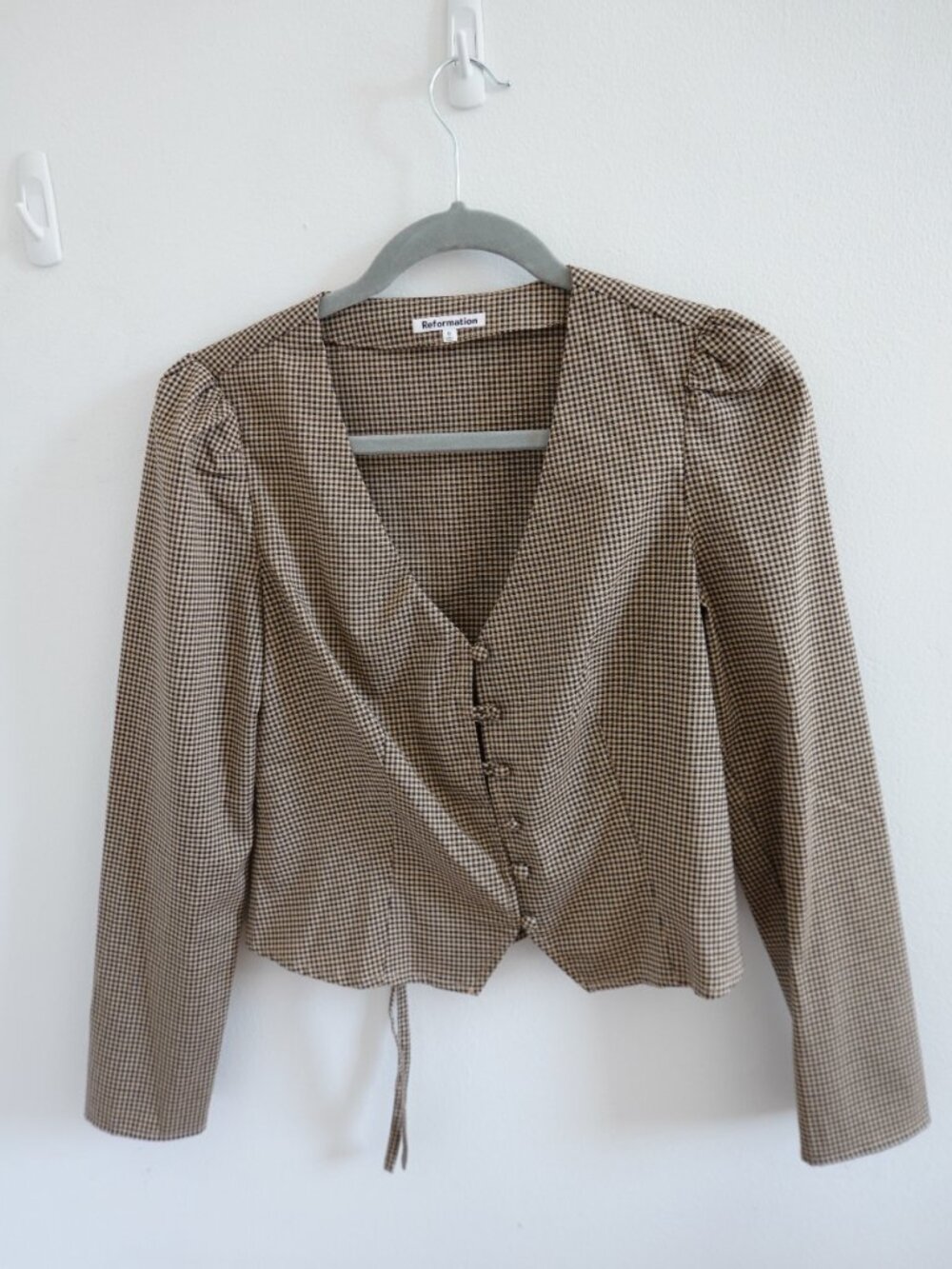 Reformation Long-Sleeve Blouse in Brown Check